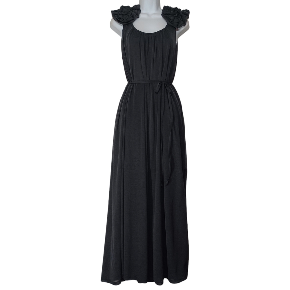 H&M Chiffon Ruffle Sleeveless Black Flowy Maxi Dress w Belt Medium